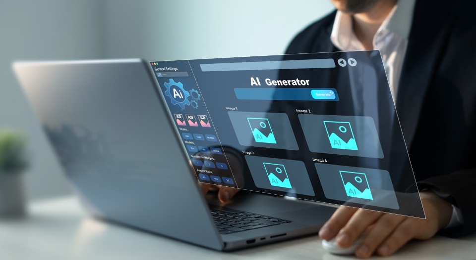 Person using AI software to generate images with futuristic platform user interface. Image AI generator conceptArtificial Intelligence Image Content Generator.AI image creation service technology.
