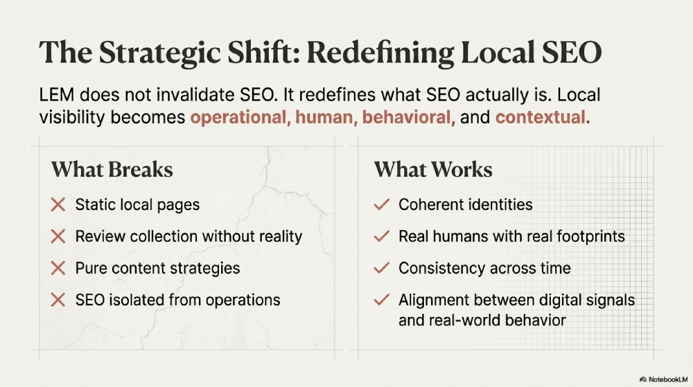 A conceptual diagram of the 'LEM Reality' summarizing how AI models businesses as real-world entities by comparing digital signals against physical behavior to recommend the most contextually useful result
