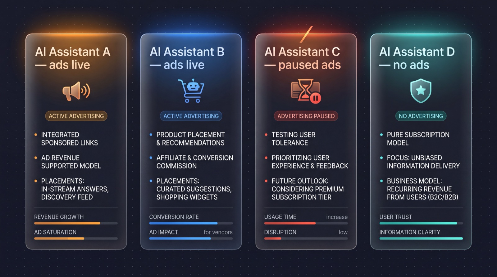 Comparison infographic of four AI assistants showing their advertising stance — two with ads live, one with ads paused, one with no ads at all