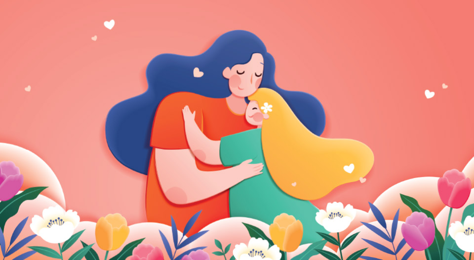 mom hugging daughter illustration. May: Moms, Mental Health and Mouthwatering BBQ