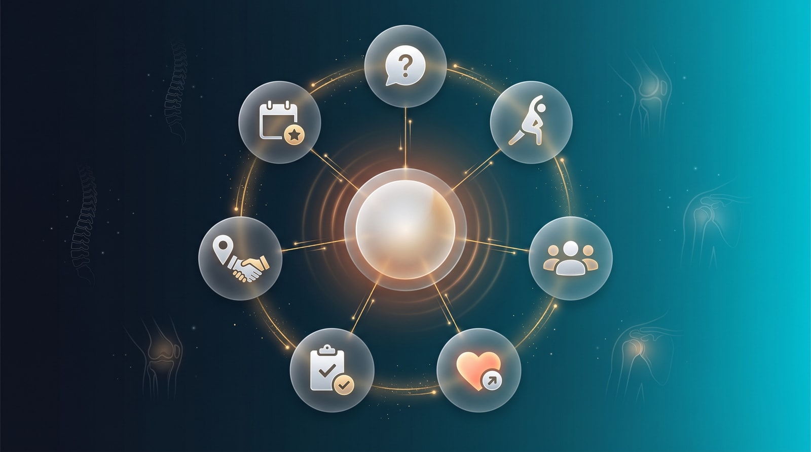 Diagram of the seven PT social media content pillars arranged in a wheel around a central content hub: misconception breakers, exercises, behind the scenes, patient stories, clinical authority, community, and conversion