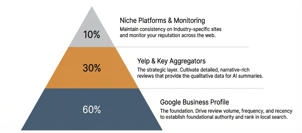 AI reputation resource allocation pyramid showing Google Business Profile at 60%, Yelp and key aggregators at 30%, and niche platforms at 10%