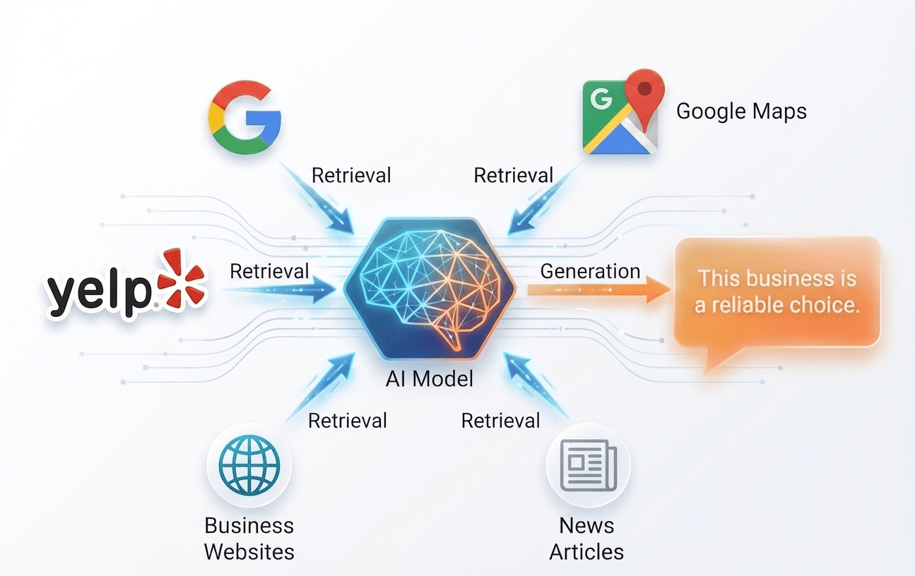 Diagram showing how AI models retrieve data from Yelp, Google, Google Maps, business websites, and news articles to generate business recommendations