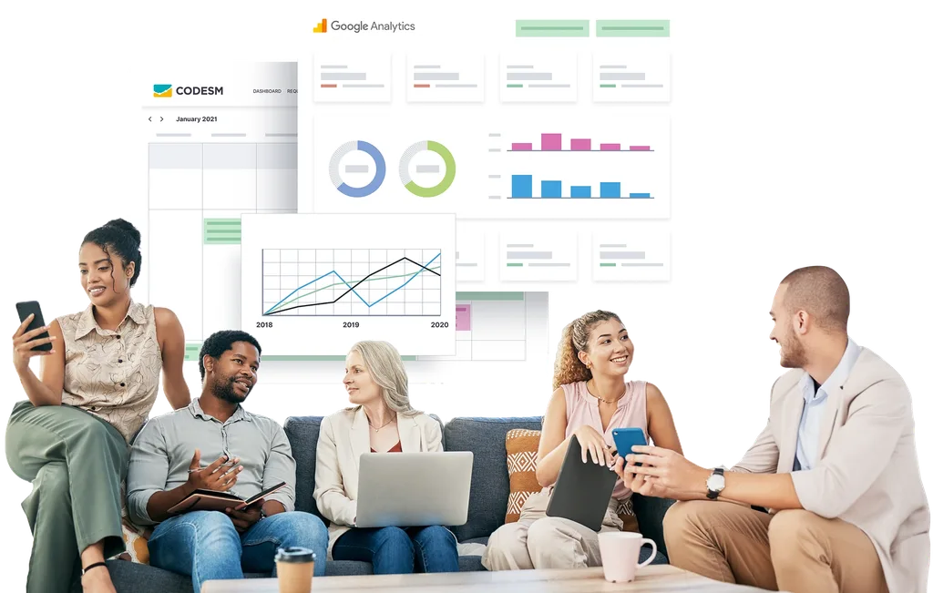 Marketing team collaborating with analytics dashboards