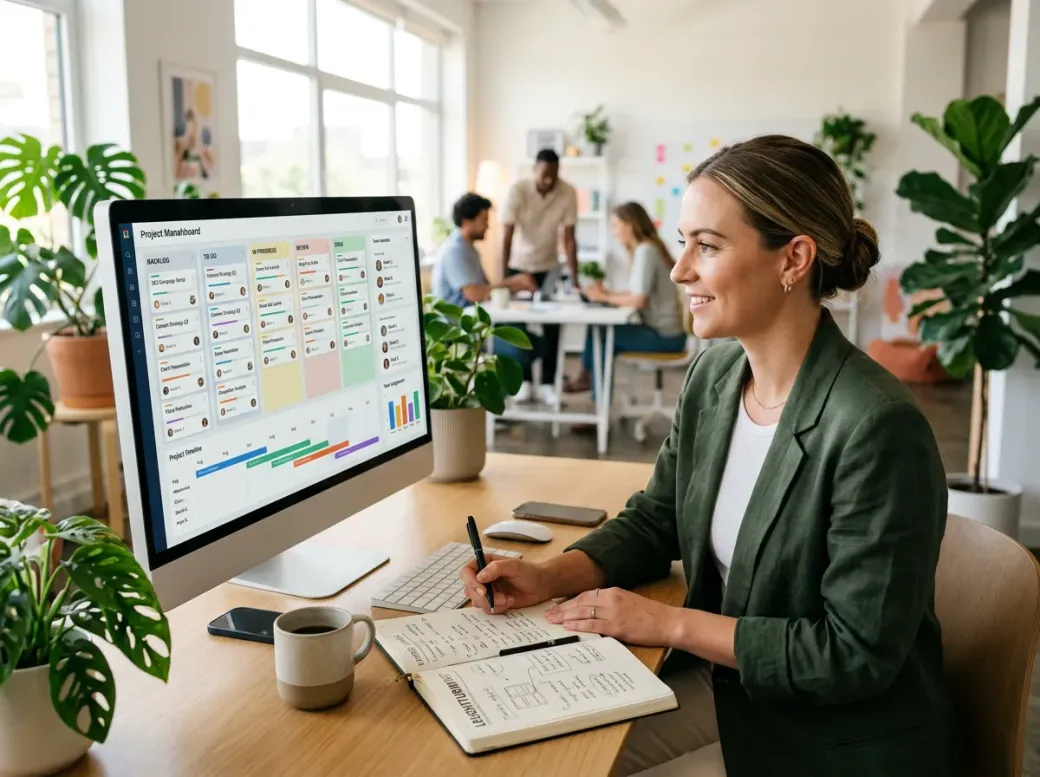 Marketing project manager reviewing kanban board and campaign tasks